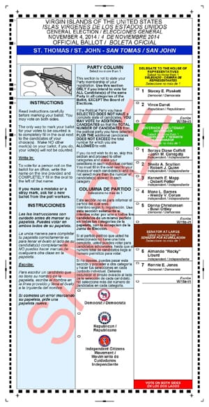 Elections System of the Virgin Islands Releases Sample Ballot for 2014 General Election