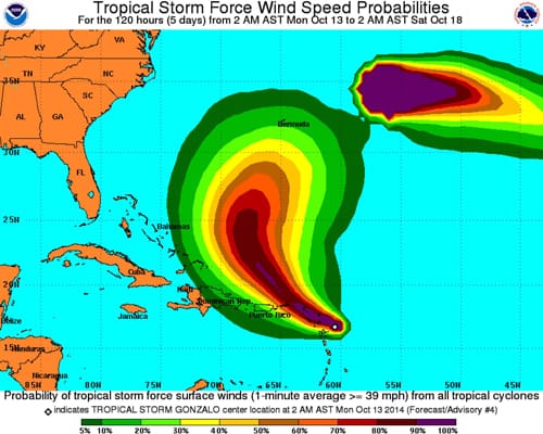 Center of Gonzalo to Pass Over or Near the US Virgin Islands Tonight