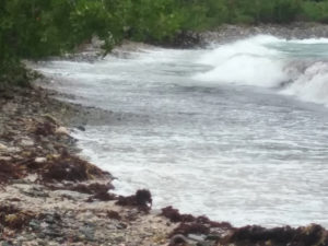 Winds and rough seas push rolling waves across normally tranquil Haulover Bay on Tuesday. (Source photo by Judi Shimel)