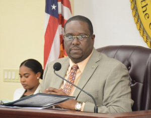 Sen. Kenneth Gittens gavels the Senate into session Wednesday morning. Hours later, he'd been replaced as Senate president. (Photo by Barry Leerdam, Legislature of the Virgin Islands)