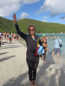 Source Reporter Amy Roberts gets ready for the Power Swim Sunday at Maho Bay Beach. (Source photo by Judi Shimel)
