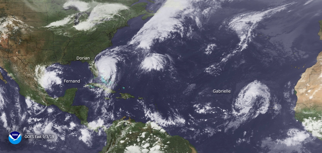 Satellite photo from Sept. 3, 2019, shows, from left, Fernand, Doian and Gabrielle. (Photo from NOAA)