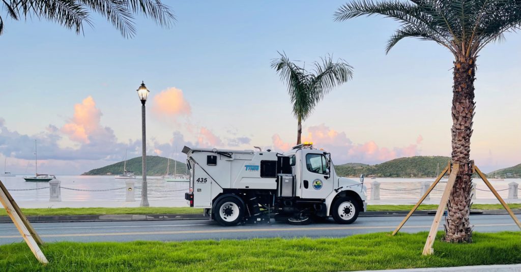 The Public Works Department's new streetsweeper makes an early morning run along Veterans Drive in Charlotte Amalie, St. Thomas. (Photo by Public Works Department)