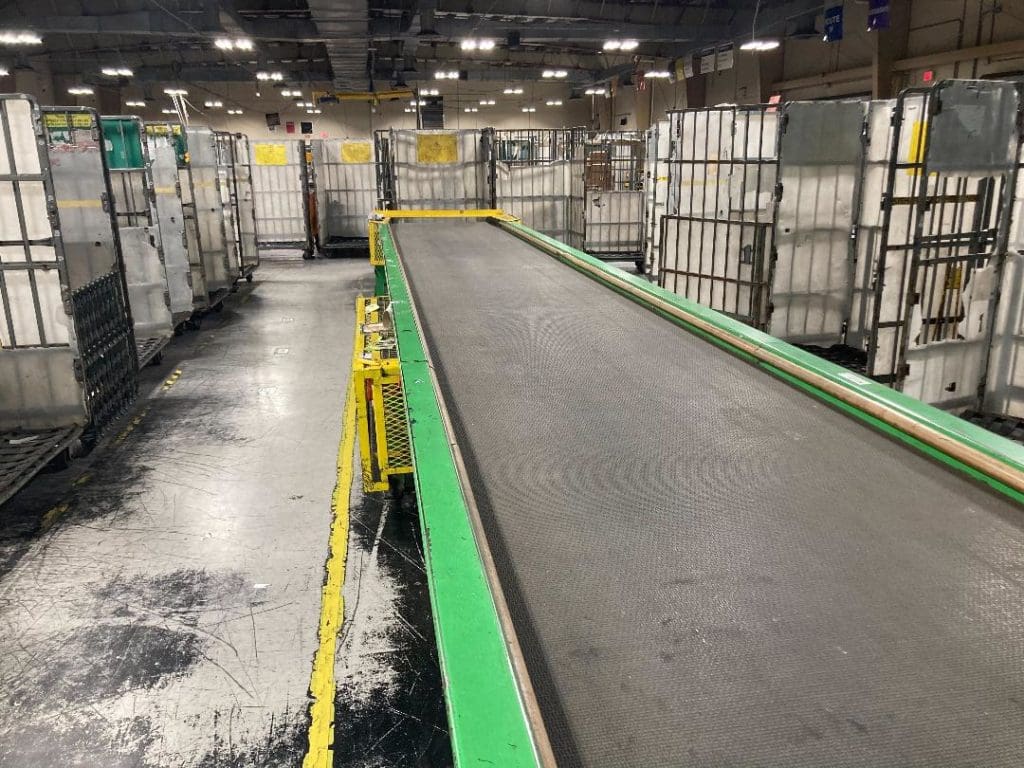 Sorting belt used to place packages in their designated route bins at the Sugar Estate post office on St. Thomas. (Source photo by Adisha Penn)