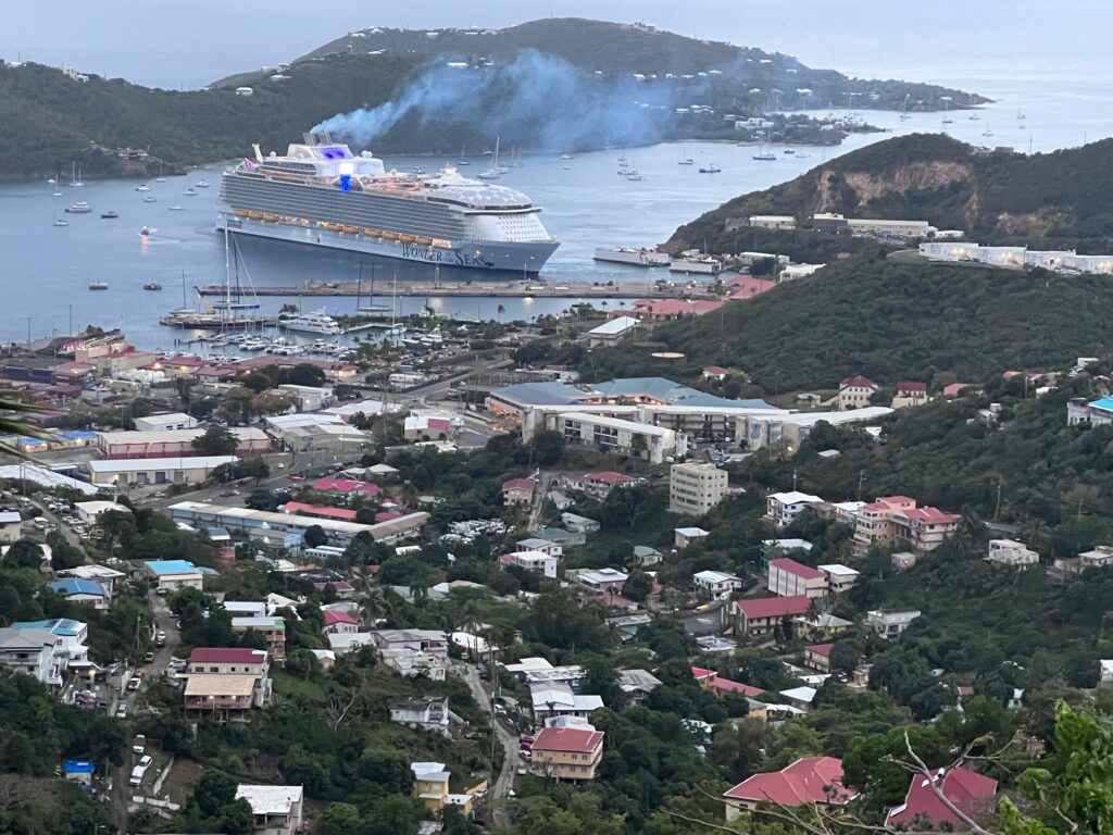 The Wonder of the Seas, reportedly the world's largest cruise ship, approaches the pier at Crown Bay on Tuesday. (Source photo by Michele Weichman)