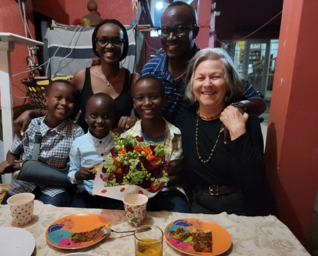 Shaun Pennington with her Rwanda family, Peter, his wife, Alice, and their three sons, the middle of whom is named Shaun. (Photo courtesy of Shaun Pennington)
