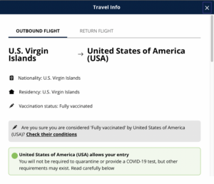 Because United Airlines apparently considers the U.S. Virgin Islands an international destination, it requests travelers’ COVID-19 vaccine status, as evidenced by this webpage, which lists the nationality as “U.S. Virgin Islands” and asks, “Are you sure you are considered ‘Fully vaccinated” by United States of America?” (Screenshot from United Airlines website) 