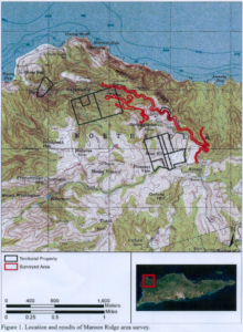 The red mark represents where Dr. Todd Ahlman conducted a survey in Maroon country on St. Croix. The map is by Dr. Ahlman, an archaeologist. The red mark ends at Annaly Cemetery. (Image courtesy of Dr. Todd Ahlman)