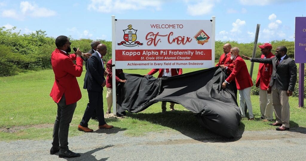 Photo Cutline: St. Croix, USVI Alumni Chapter Brothers L-R: Honorable Governor Albert Bryan Jr. Major General Kodjo Knox-Limbacker, James Dunn, Devante Joseph -Vice Polemarch, Antonio Emanuel, Gregory Davila, Stewart Shultebrandt, Hakim Donadelle Forefront: Didier Hughes III-Polemarch