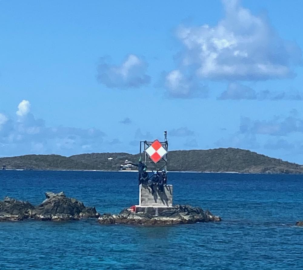 Coast Guard Sector San Juan’s Aids to Navigation Team completes rebuild project of the Current Rock and Steven Cay (in photo) navigation lights in the U.S. Virgin Islands Aug. 22, 2022. These vital aids will provide awareness to maritime traffic of navigation hazards on the southwest entrance of Pillsbury Sound, from Christmas Cove and the east side of Pillsbury Sound near St. Johns, U.S. Virgin Islands. (U.S. Coast Guard photo)