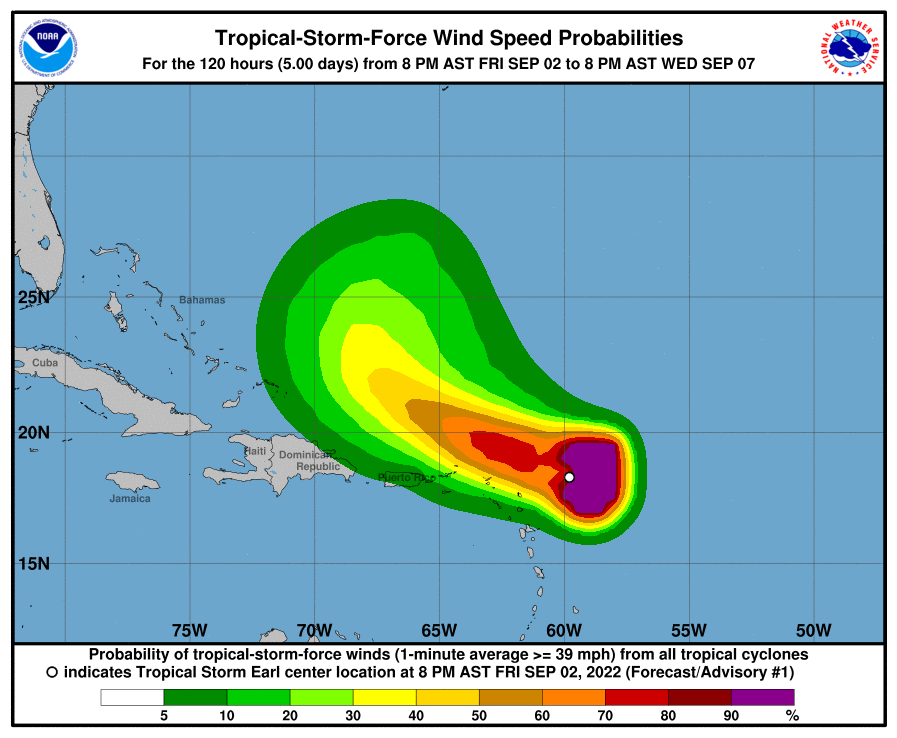 Tropical Storm Earl is forecast to bring gusty winds and periods of heavy rain as it passes just north of the U.S. Virgin Islands over the Labor Day weekend. (Image courtesy of the National Hurricane Center)