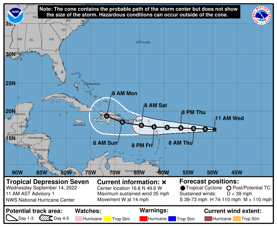 The National Hurricane Center is forecasting Tropical Depression 7 will become Tropical Storm Fiona Wednesday night or Thursday. (Image courtesy of the National Hurricane Center)