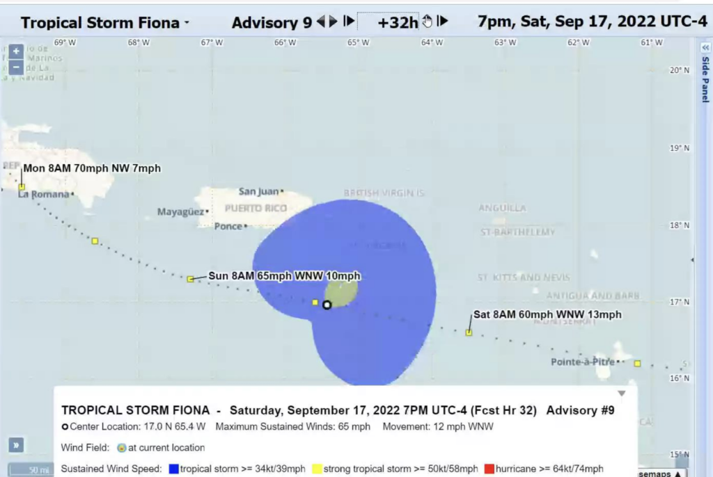Tropical Storm Fiona is forecast to bring heavy rain and strong winds to the territory, with the first bands arriving Saturday morning. (Image courtesy of the National Weather Service)