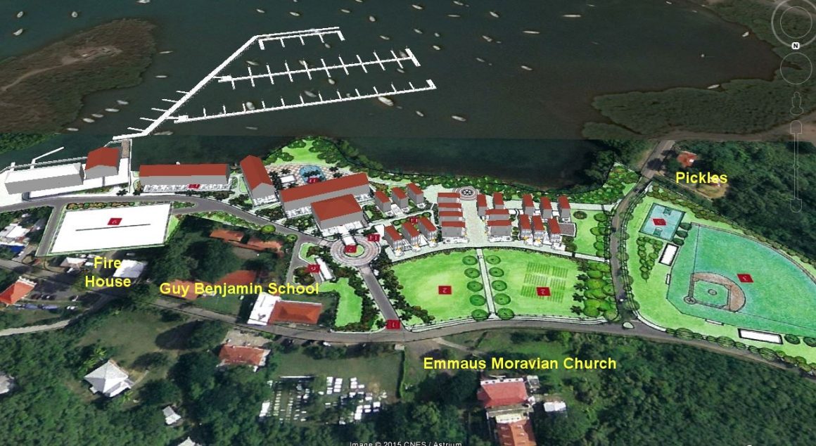 Rendering shows proposed T-Rex/Sirius marina and land development. (Rendering produced by Save Coral Bay)