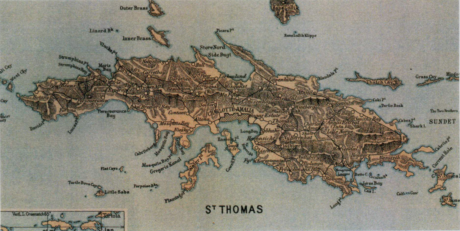 Map of St. Thomas. 1907. A Danish trading company took possession of the small island in 1671. At first the intention was to grow tropical crops like tobacco, cotton, and sugar; but it soon turned out that the mountainous island was not suitable for agriculture. The acquisition of St. Croix in 1733 served these purposes instead, and St. Thomas became a base for trade and shipping. On the large bay on the south side of the island the town of Charlotte Amalie developed. At the head of the bay lies Fort Christiansfort, and beside it the trading center of the town runs along the street Dronningensgade. The settlement continues up into the hills, and highest up above the town at a height of 1,500 feet one can look out over the Caribbean to the south and the Atlantic to the north. (Image courtesy Olasee Davis)