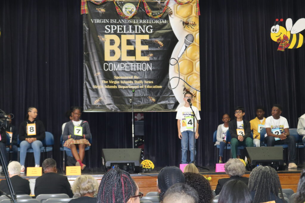 Ricardo Richards Elementary School fifth-grader Abdel Bazzar competes Thursday in the 2023 Territorial Spelling Bee at Charlotte Amalie High School on St. Thomas. He went on to win the competition. (Photo courtesy V.I. Education Department)