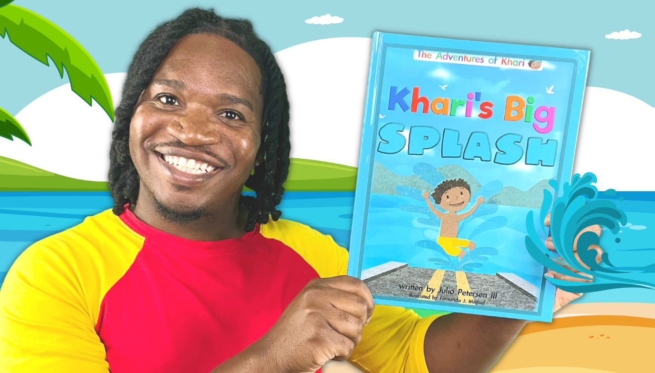 Julius Petersen III with his second book in his children's series, "Khari's Big Splash." (Photo courtesy J Pete Productions)