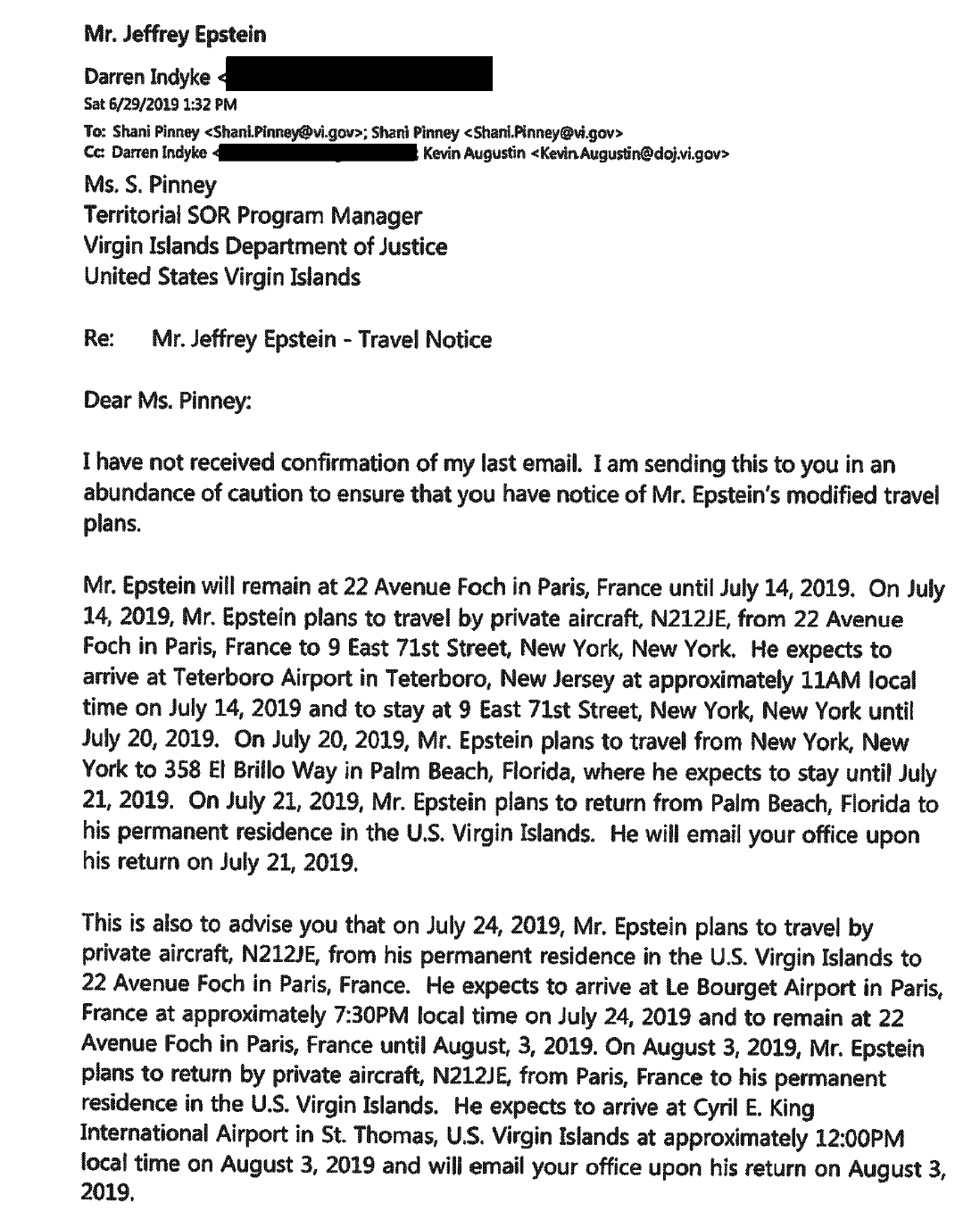 Jeffrey Epstein's travel itinerary for July 2019, which later changed, leading to his arrest at Teterboro Airport, New Jersey, on July 6, 2019. (Screenshot of exhibit)