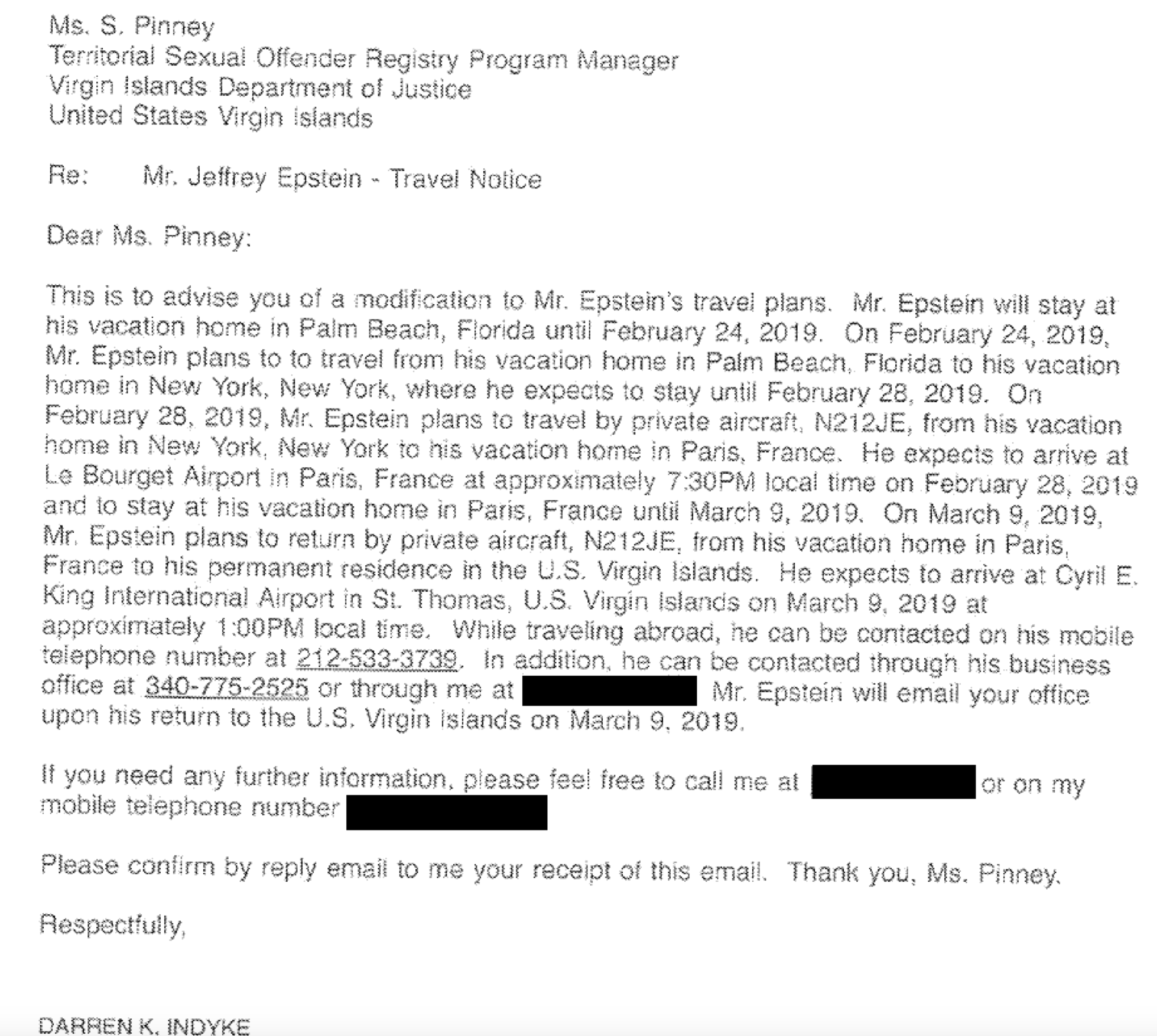 An email from Jeffrey Epstein's attorney to the V.I. Justice Department is an example of how he reported his travel plans to authorities. (Screenshot of exhibit)