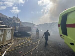 The V.I. Waste Management Authority said in a statement that the fire is in the scrap metal receiving area just before the entrance to the Bovoni Landfill. (Photo courtesy VIFEMS)