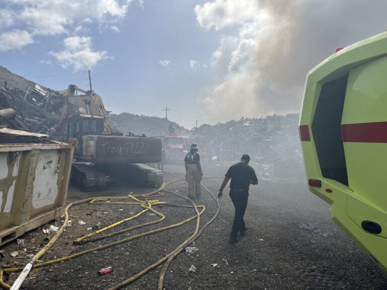 The V.I. Waste Management Authority said in a statement that the fire is in the scrap metal receiving area just before the entrance to the Bovoni Landfill. (Photo courtesy VIFEMS)