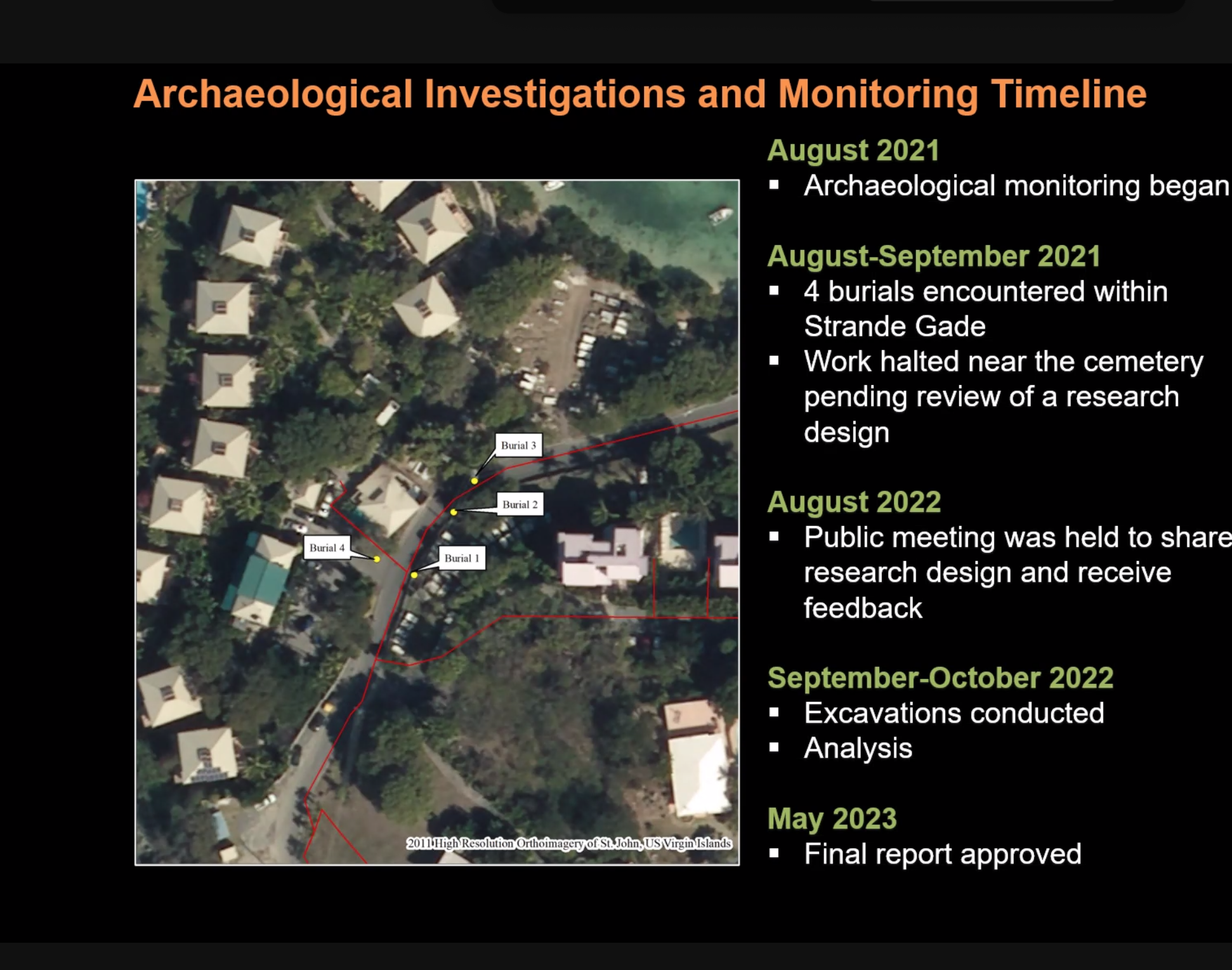 A graphic shows the location of four burial sites found during excavation and a timeline of the archaeological study. (Image from “Results of Archaeological Investigations of the Cruz Bay Cemetery Public, Cruz Bay Historic District” presented online July 27)