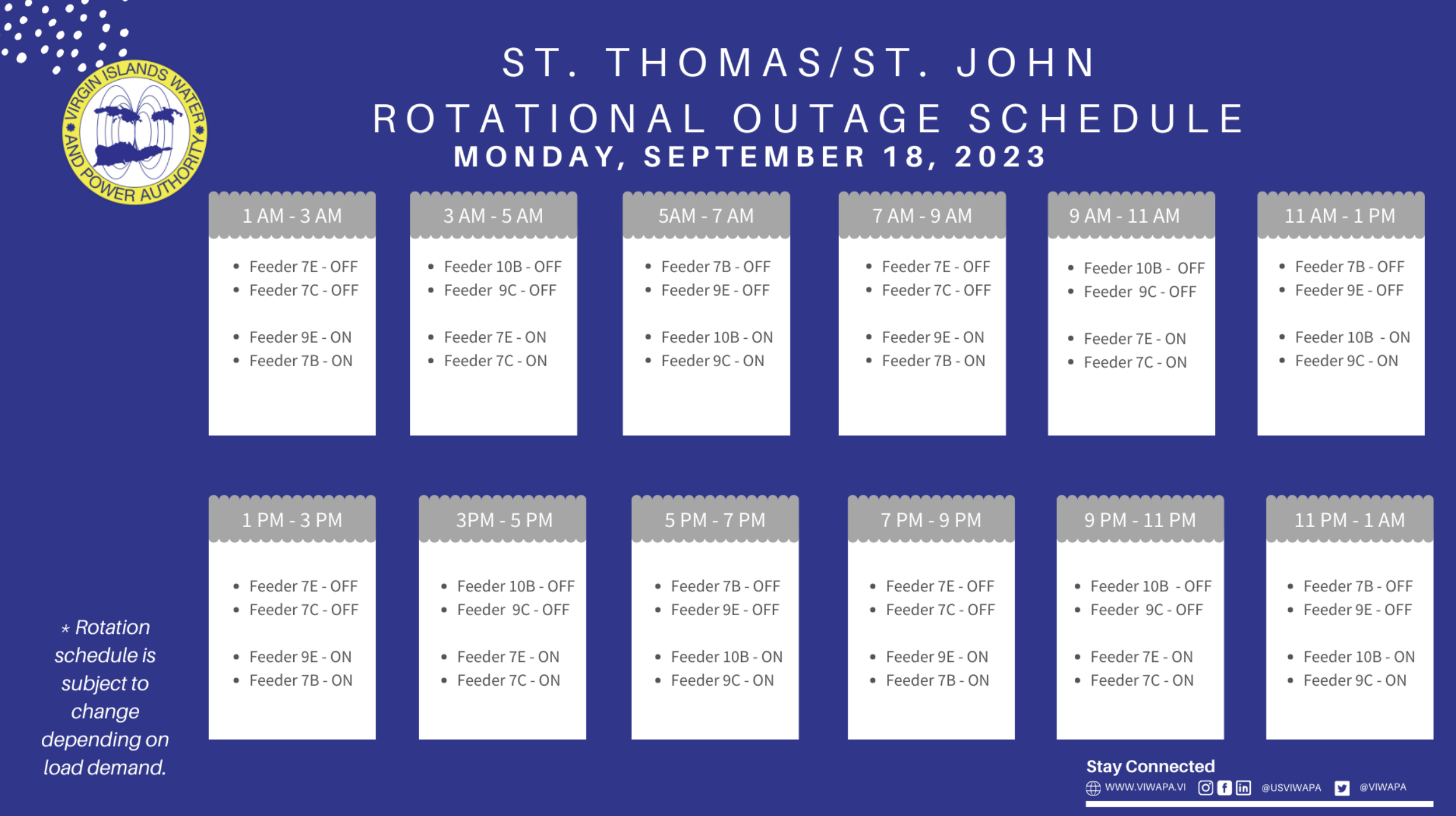 Rotation schedule for the St. Thomas/St. John district on Monday, which is subject to change. (Graphic courtesy WAPA)