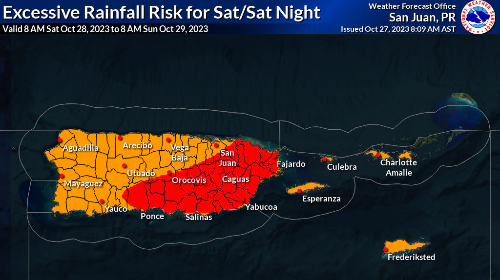 A wet weather pattern is expected this weekend and into next week. Excessive rainfall, flash floods, and mudslides are possible. (Red indicates a “significant risk for excessive rainfall,” and orange indicates an “elevated risk for excessive rainfall.”) (Image courtesy of NOAA)