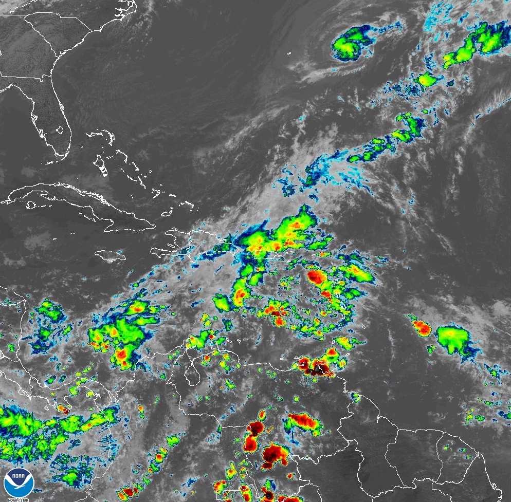 Infrared satellite imagery obtained at 3:10 p.m. AST on Friday shows significant tropical moisture across the Caribbean region. (Tropical Storm Tammy remains visible well to the north of the local islands.) (Image courtesy of NOAA) 