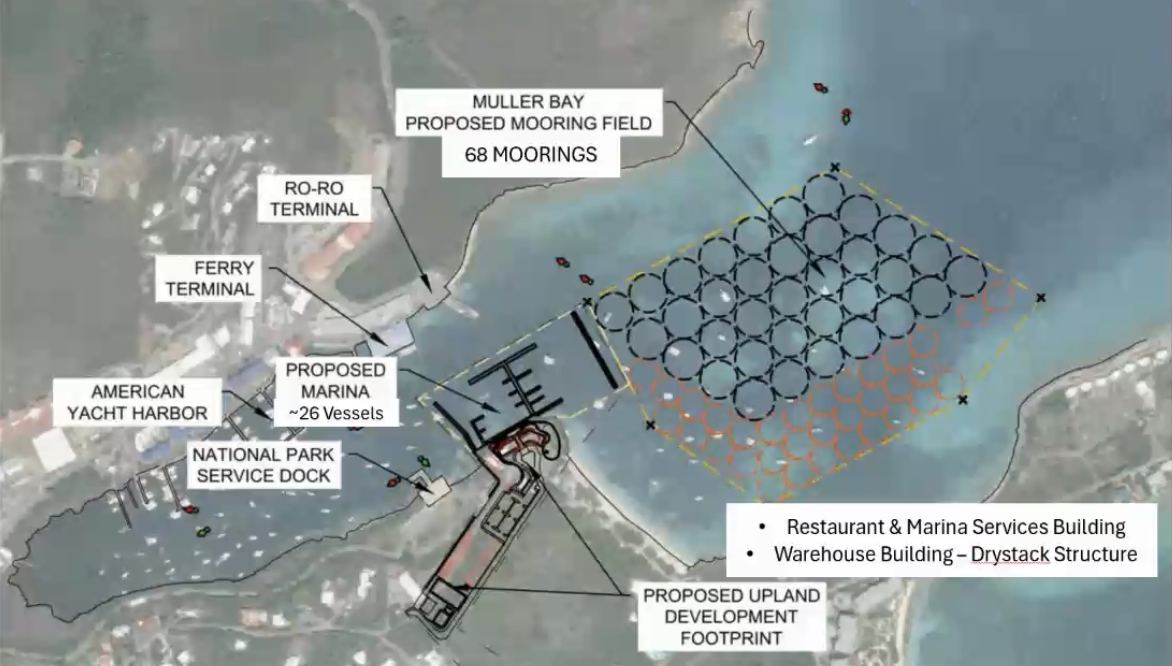 A schematic shows the layout and location of the Latitude 18 marina project on the East End of St. Thomas. (Screenshot from CZM meeting)