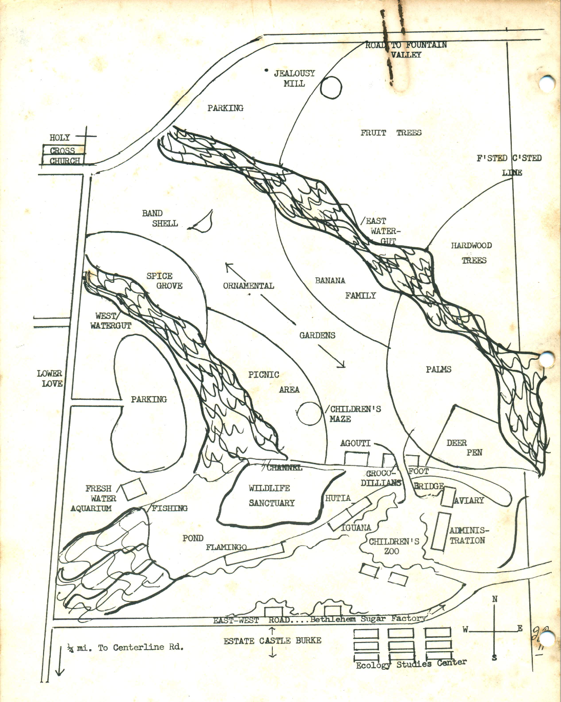 This drawing shows an outline of the proposed Estate Castle Burke Zoo Park. Created in late 1960s or early 1970s, the image's origin is unknown.