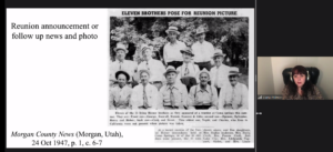 Dana Palmer references a newspaper article with information on her family genealogy during her presentation on using newspapers for genealogy. (Screenshot from Caribbean Genealogy virtual event)