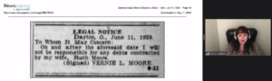 Dana Palmer references a 1928 newspaper notice from Dayton, Ohio during her presentation on using newspapers for genealogy. (Screenshot from Caribbean Genealogy virtual event)