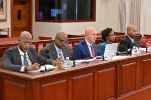VITEMA testifiers from left: Bruce Kelly, deputy director of operations; Winston Simon, deputy director of administration and finance; Daryl Jaschen, director of the agency; Florecita Brunn, deputy director of grants management; and Asim Frett, deputy director of logistics. (Photo courtesy V.I. Senate)