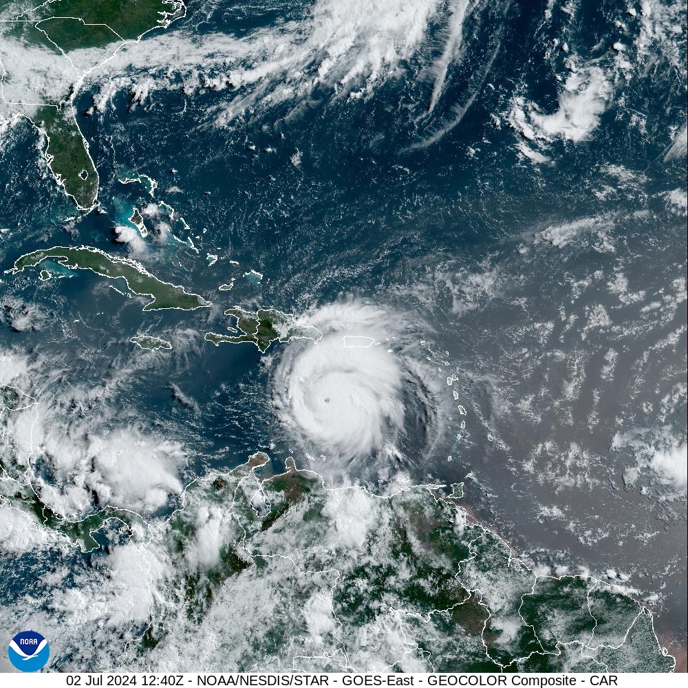 Visible satellite imagery obtained at 8:40 a.m. on Tuesday, July 2, shows Hurricane Beryl moving across the Caribbean after leaving a path of destruction over the southern Lesser Antilles. (Photo courtesy NOAA)