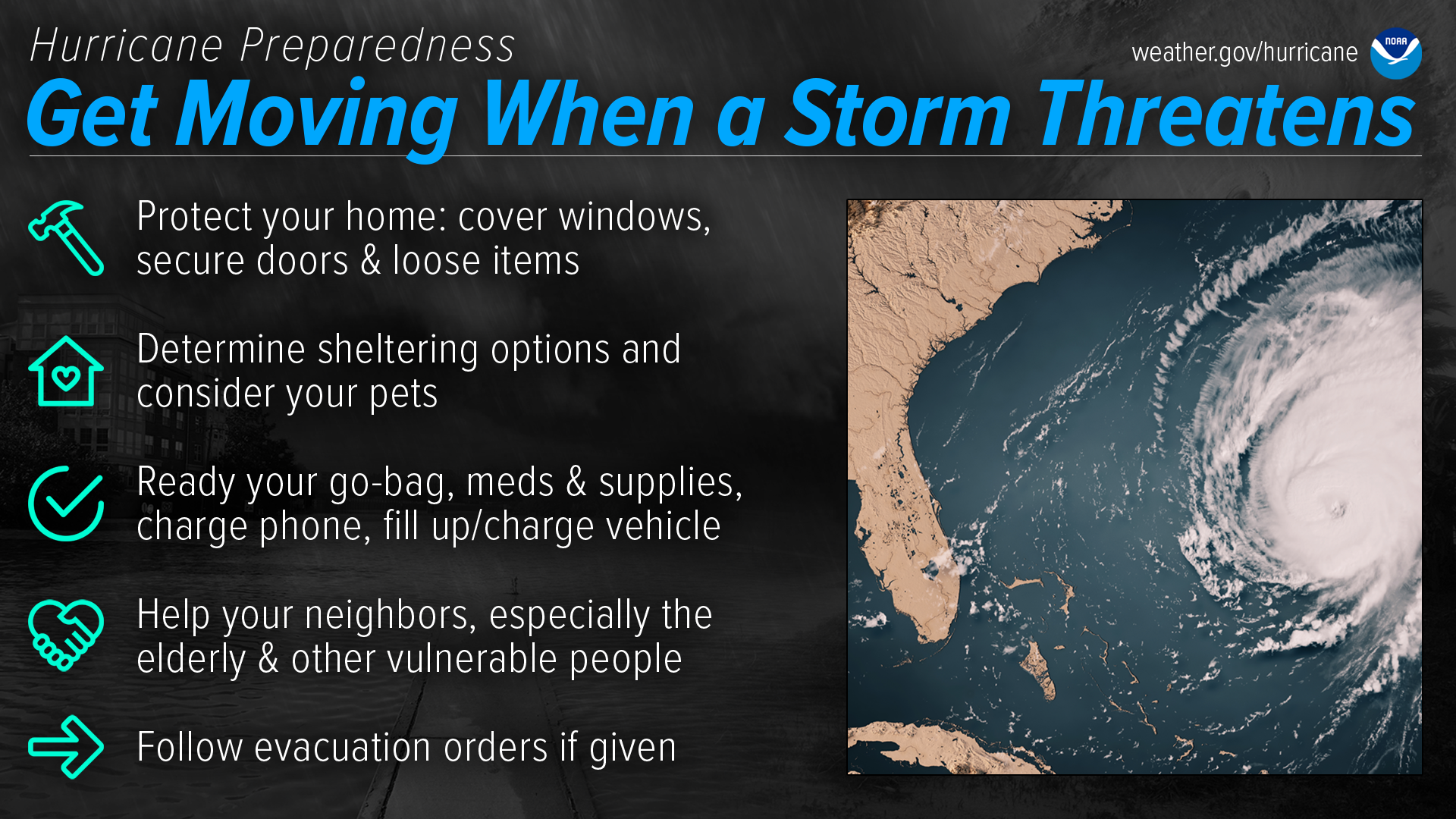 Hurricane preparedness tips if a cyclone is approaching a region. (Photo courtesy NOAA)