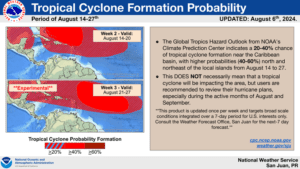The Climate Prediction Center’s Global Tropics Hazard Outlook calls for an increased potential for cyclonic development over the next couple of weeks. (Photo courtesy CPC, NOAA and NWS, San Juan, Puerto Rico)