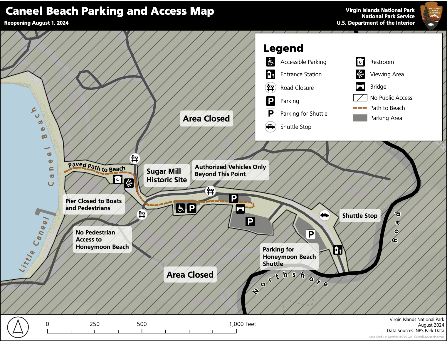 A map distributed by Virgin Islands National Park shows how to access Caneel Beach on St. John. (Image courtesy VINP)