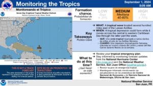 The National Hurricane Center is monitoring Disturbance #2 as it travels toward the Lesser Antilles. The system is forecast to stay south of the Virgin Islands and Puerto Rico but may cause impacts to the region. (Photo courtesy NHC and NWS)