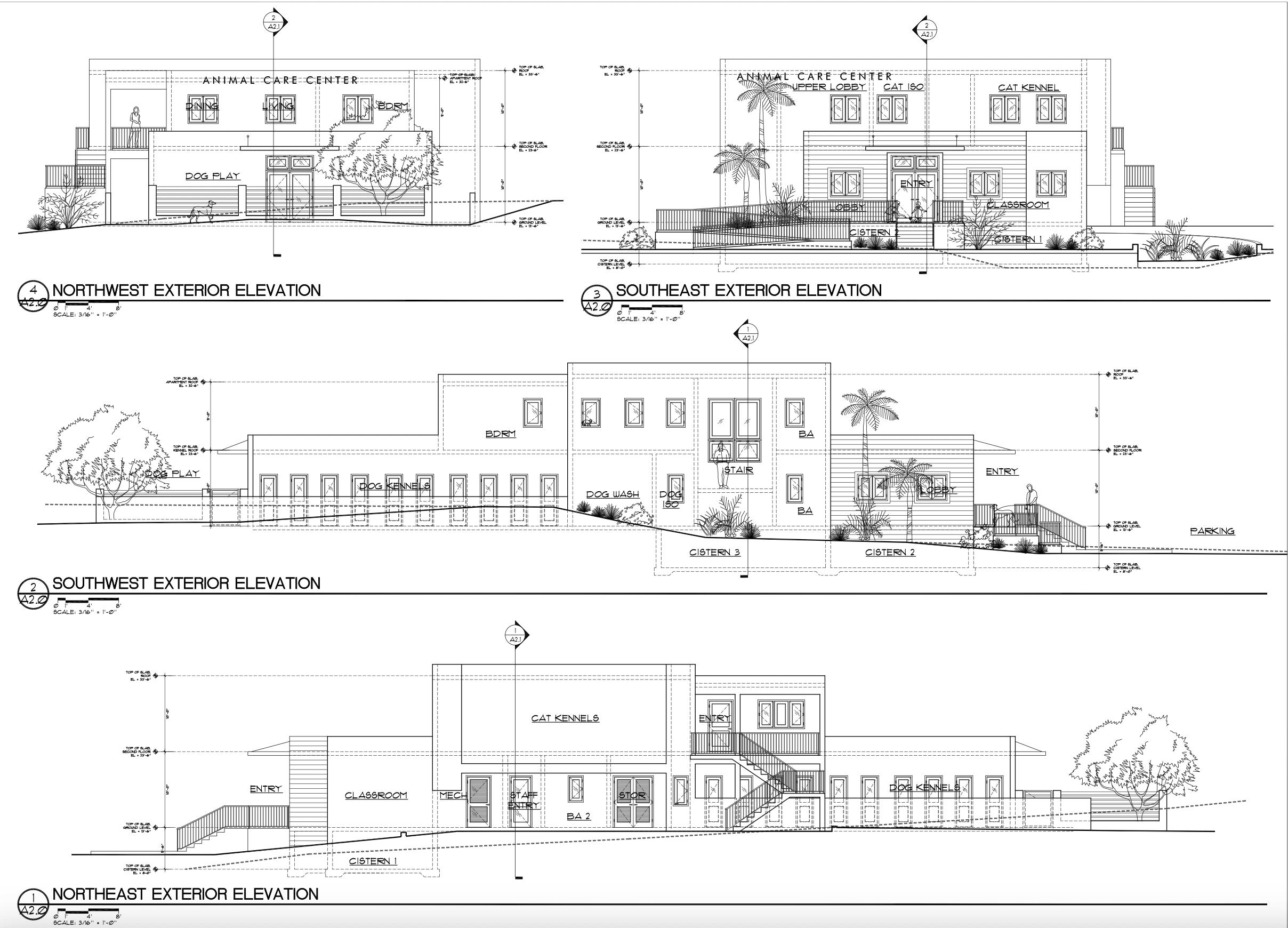 These architectural drawings by Barefoot Design Group show the exterior elevations of the proposed the Animal Care Center of St. John's planned new facility in Coral Bay. (Images by Barefoot Design Group)
