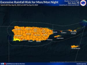 Thunderstorms and excessive rainfall are possible due to moisture associated with Disturbance #2, with most precipitation expected to occur on Monday and Tuesday. Yellow = Limited Excessive Rainfall Risk, Orange = Elevated Excessive Rainfall Risk. (Photo courtesy NWS)