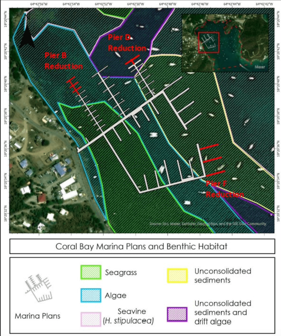 This image shows the Summers End proposed dock positions in relation to seagrass beds. (Image courtesy Save Coral Bay)