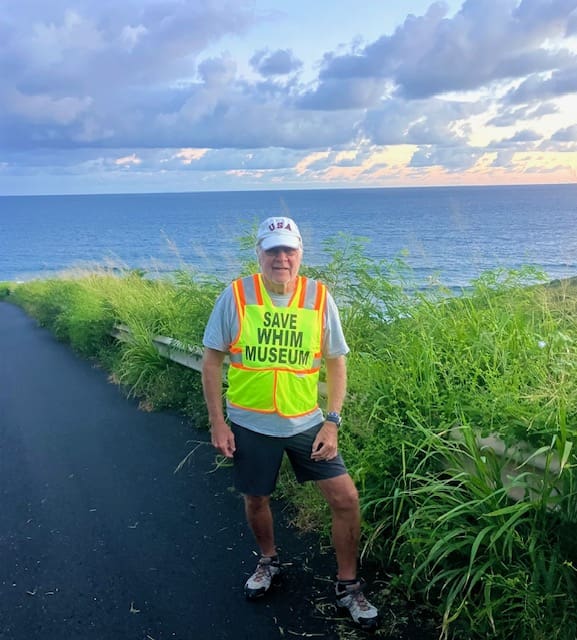Michael Connors as he embarks on a 27 mile walk from Point Udall to Whim Museum (Photo courtesy Patty Eitzen)
