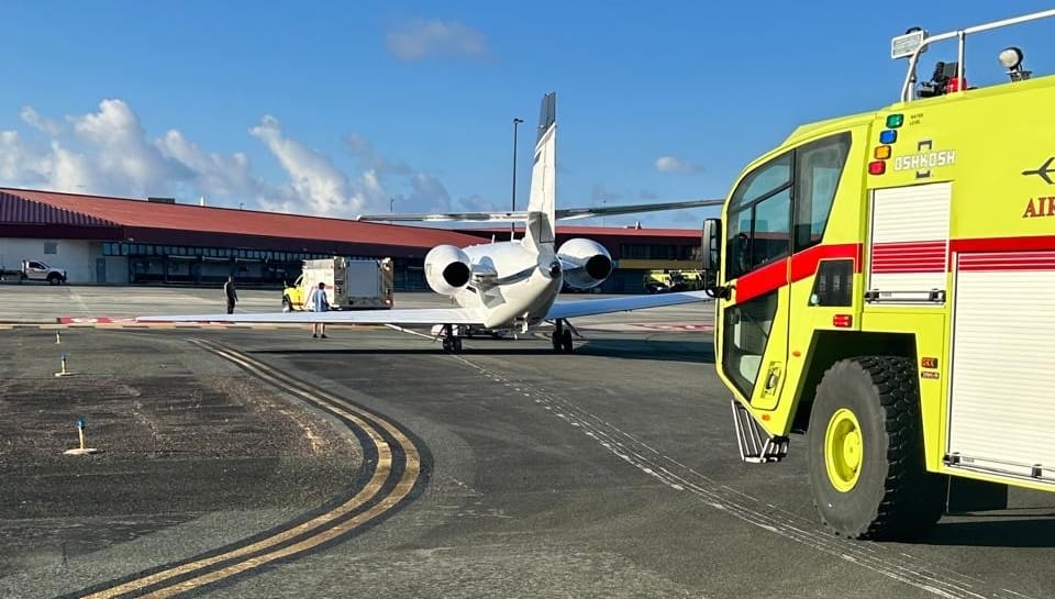 Cyril E. King Airport is closed until noon Wednesday after a private plane headed from Martinique to Tortola in the BVI made an emergency landing late Tuesday and became disabled on the runway. (Photo courtesy VIPA)