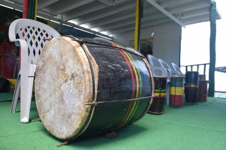 Rastafarian Drums set up on stage at the Bordeaux Farmers’ Market. (Conch Shell Media, LLC Photo)