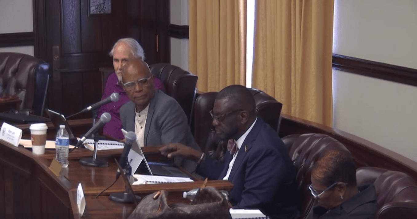 Port Authority board members, from left, Gordon Rhea, Willard John, Kevin Rodriguez, and Leona Smith, during their meeting Tuesday at the Cleone Creque Legislative Conference Room on St. John. (Zoom meeting screenshot)