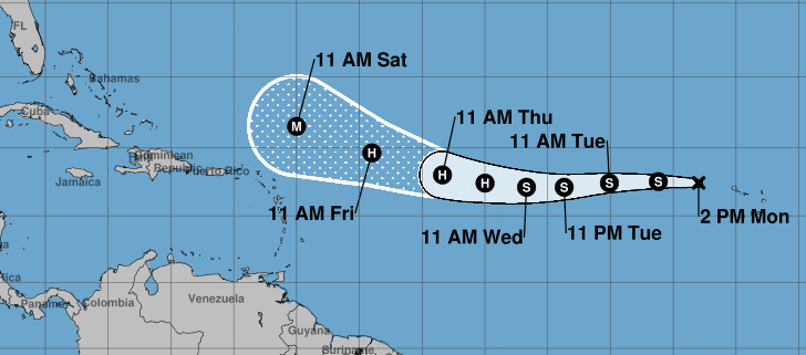 NHC Tropical Storm Erin projected storm track as of Monday, Aug.11. The system is expected to intensify into a hurricane this week. (Photo courtesy NHC)