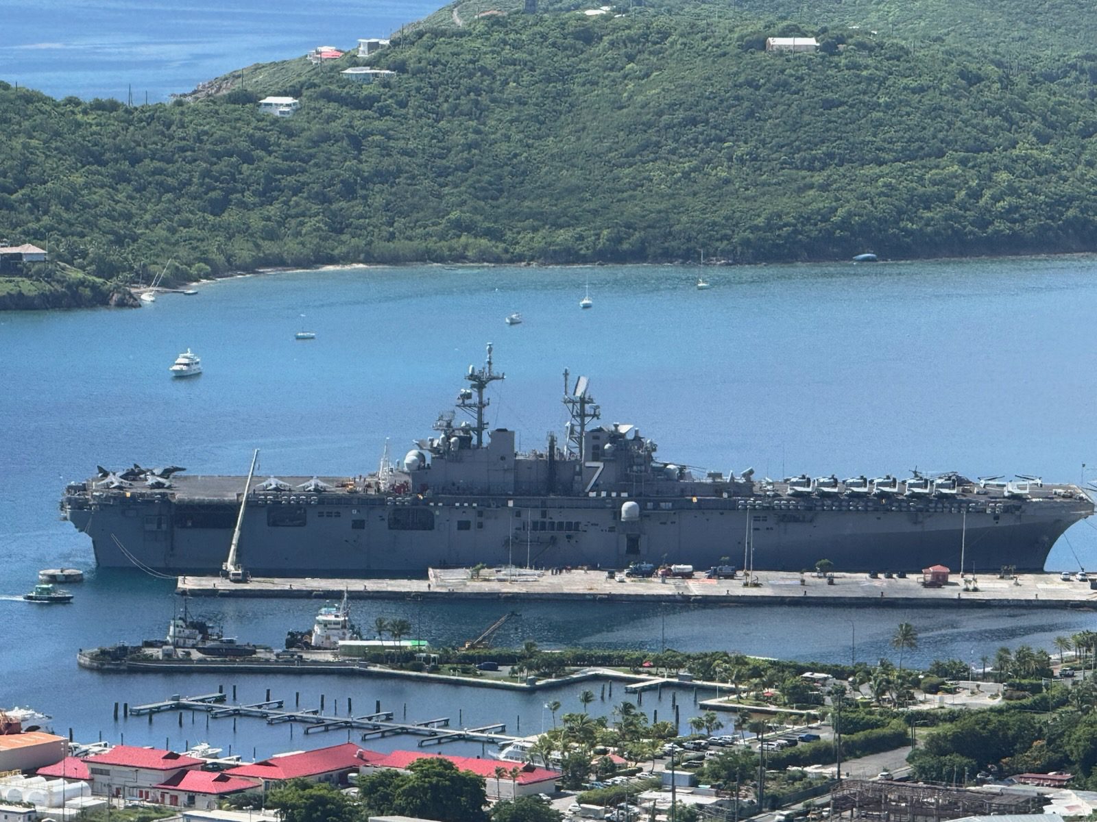 the USS Iwo Jima, a Wasp-class amphibious assault ship of the United States Navy, docks at Crown Bay Friday. (Source photo by Michele Weichman)