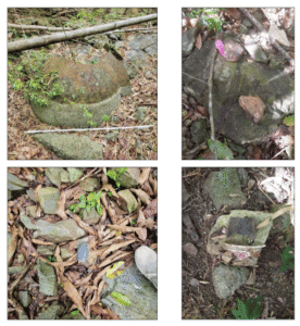 A sample of artifacts noted during a survey of Caledonia Ghaut in 2022 by Todd M. Ahlman and Ashley H. McKeown of the Center for Archaeological Studies at Texas State University. Clockwise from top left, an iron copper fragment; brick fragments; glass and ceramics; and precontact ground stone. 