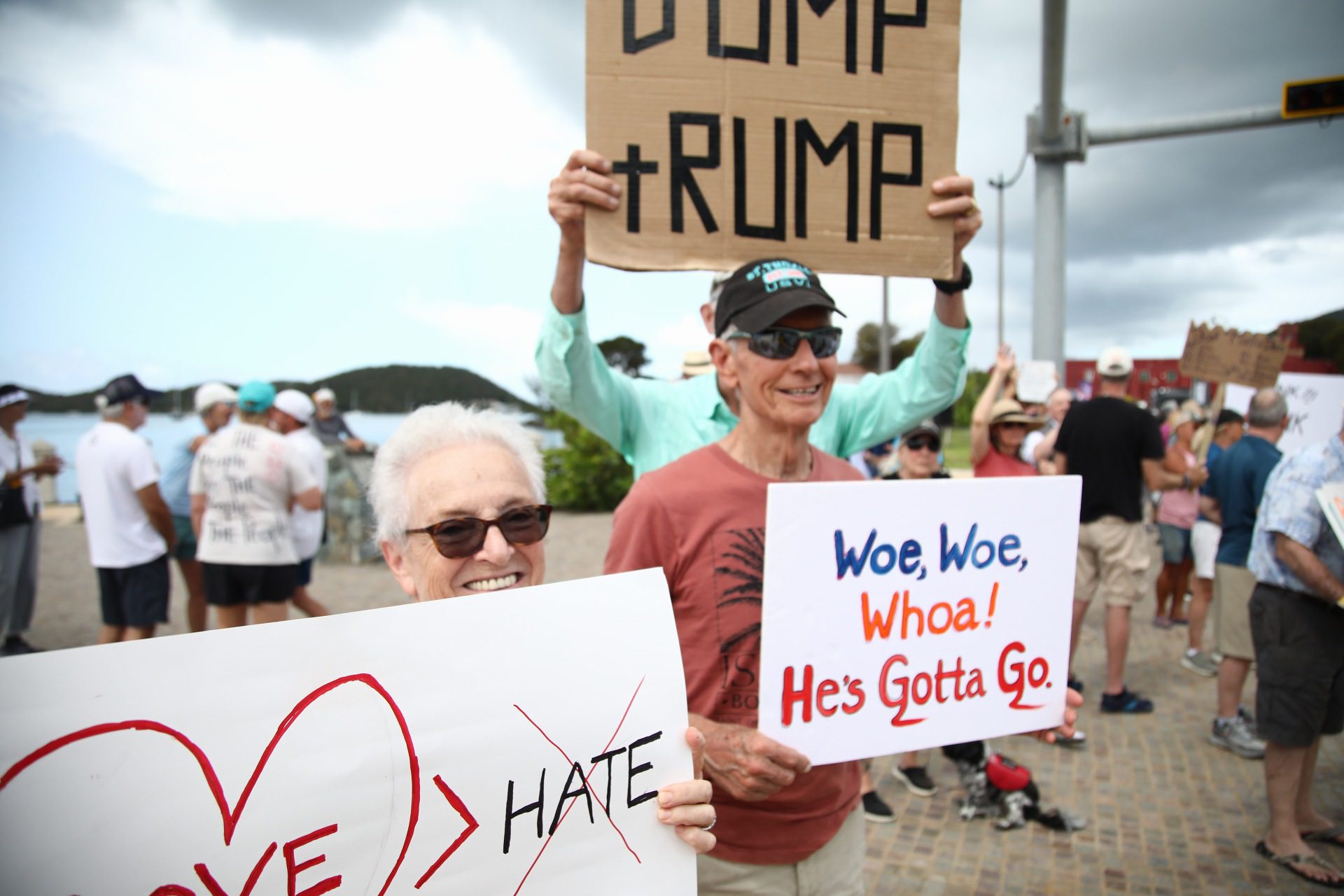 No Kings rally goers line the promenade Saturday in downtown Charlotte Amalie. (Photo courtesy Jane Higgins)